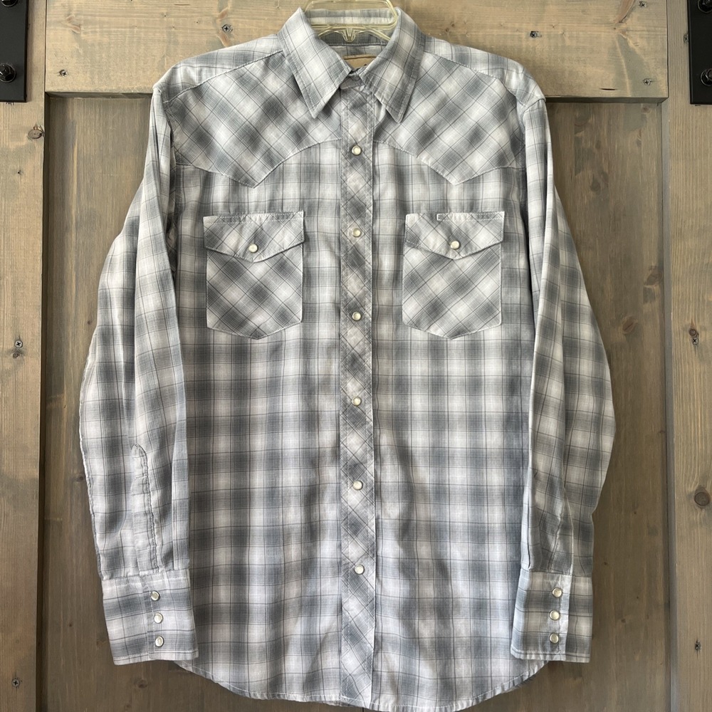 Wrangler Pearl Snap Shirt Mens Medium Gray Plaid Western Long Sleeve Cowboy